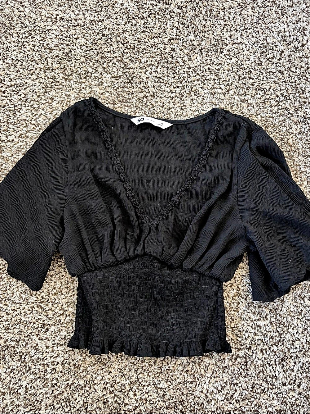 SO Good For Life Black Smocked Waist Blouse Size XS Like New